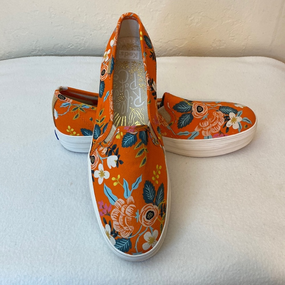 Keds x Rifle Paper Co Orange Floral Print Triple Decker Slip On Sneaker Shoe 9.5